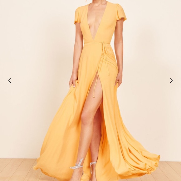 long yellow wrap dress